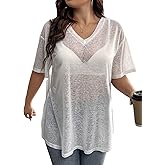 SHENHE Women's Plus Size Sheer Mesh V Neck Half Sleeve Drop Shoulder Split Hem Tee Top