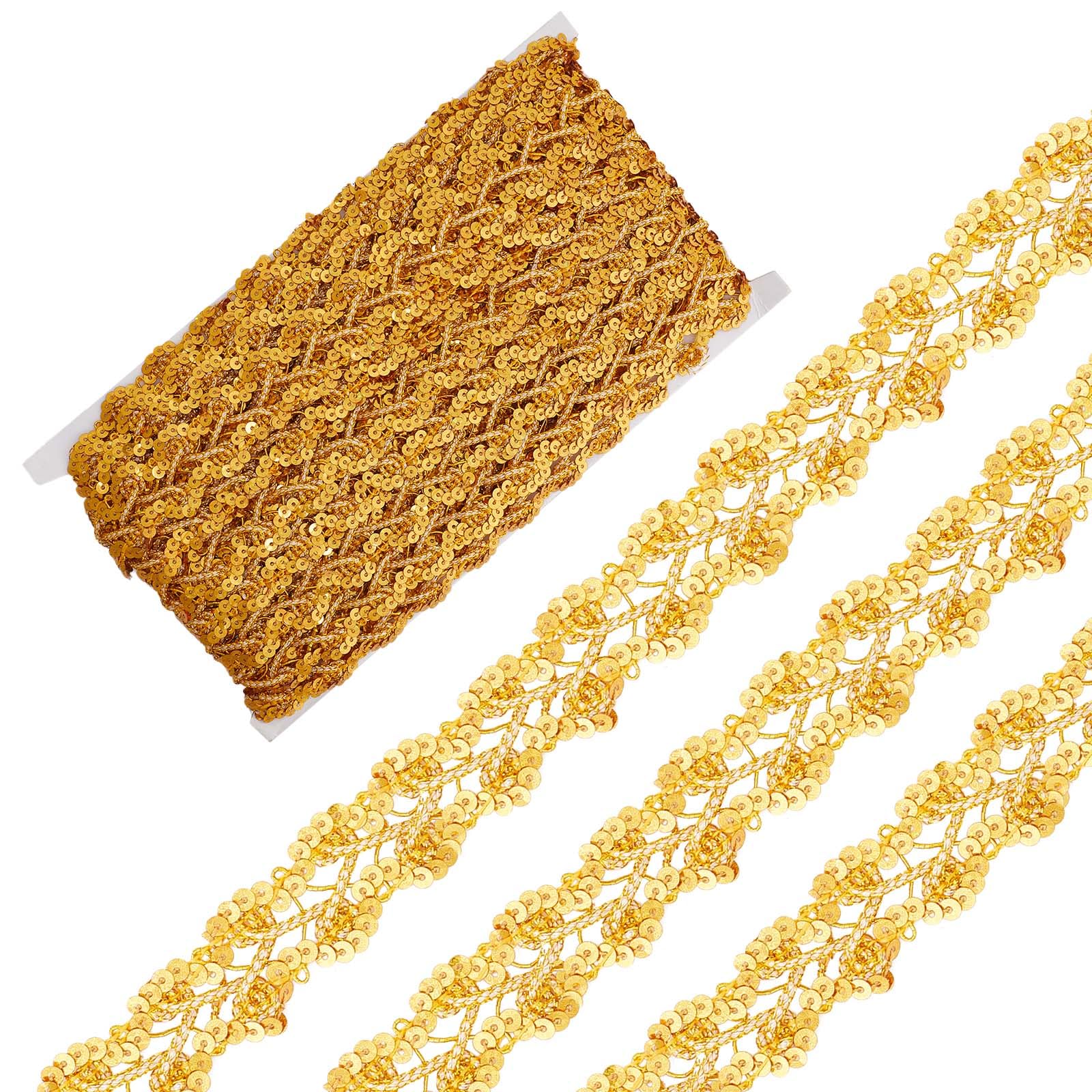 GORGECRAFT 14.2 Yards Metallic Braid Lace Trim 1 Inch Width Flower Wavy Ribbon Decorated Gold Gimp Trim Venice Edge with Sequins Paillette Craft Sewing Lace for Wedding Costume Clothing Decoration