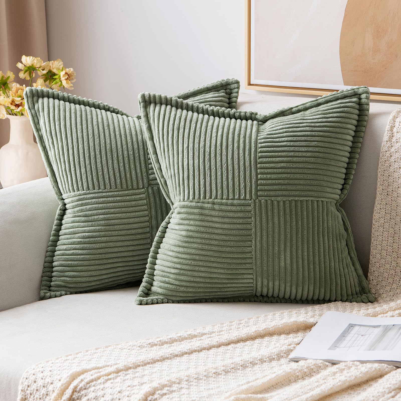 Photo 1 of (USED/FAIR) MIULEE Decorative Throw Pillow Covers for Couch Bed Livingroom 20x20 Inch Set of 2 Light Olive Green Boho Accent Throw Pllows Broadside Striped Patchwork Soft Corduroy Summer Pillowcases