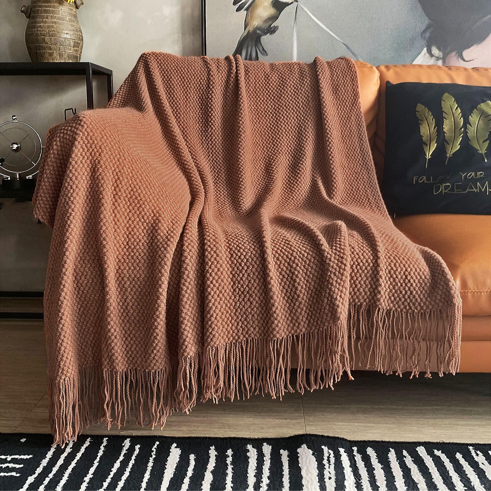 Photo 1 of LOMAO Knitted Throw Blanket with Tassels Bubble Textured Lightweight Throws for Couch Cover Home Decor (Caramel, 50x60)