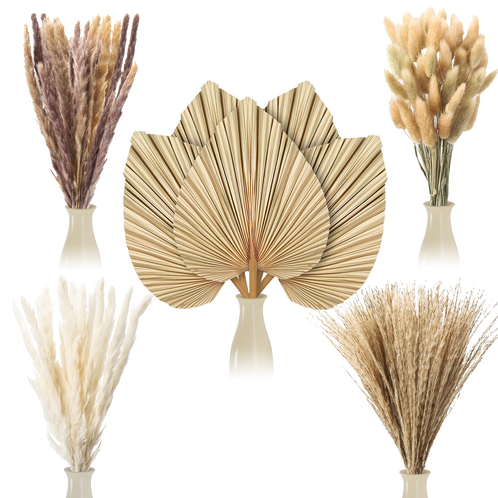 Photo 1 of 105 Pcs Boho Dried Pampas Grass Decor Bulk, Large Dried Palm Spears Bunny Tails Pampas Reed Grass Dried Palm Leaves Dried Flower Bouquet Boho Centerpieces for Wedding Home Tables Decor