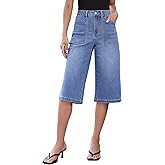 luvamia Capri Jeans for Women Wide Leg Trendy High Waisted Casual Summer Stretchy Denim Culottes Capri Pants with Pocket