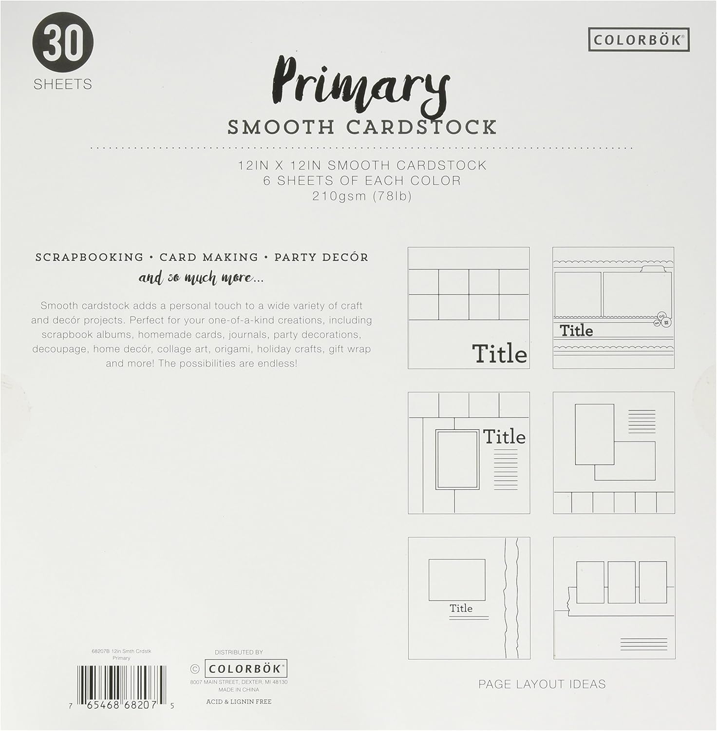 Colorbok 68207B Smooth Cardstock Paper Pad, 12" x 12", Primary