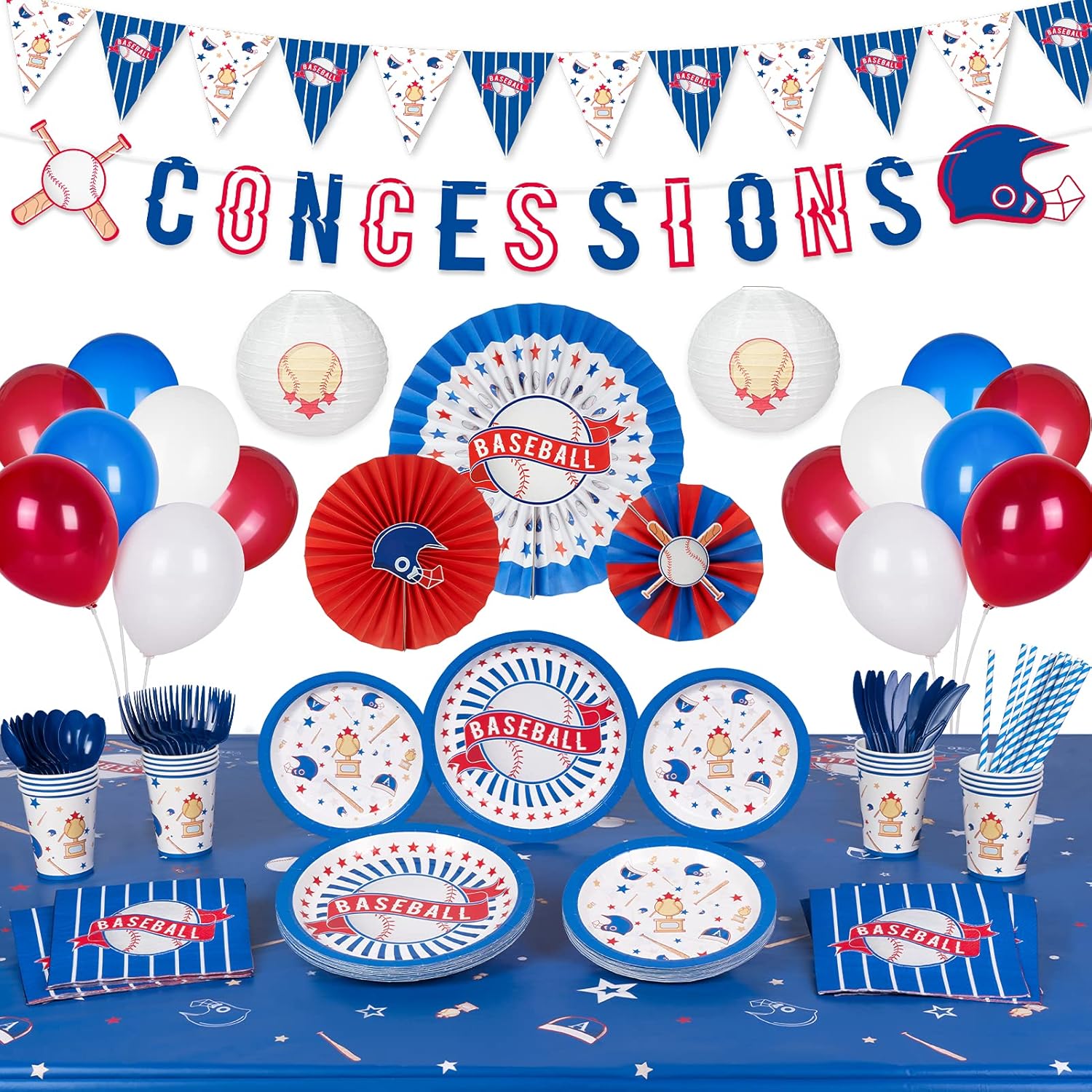 Decorlife Baseball Party Supplies Serves 16, Baseball Party Decoration for Boys Birthday, Complete Pack Include Lanterns, Tablecloth, Paper Fans, Banner, Pennant, Balloons, 151 PCS