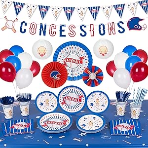 Decorlife Baseball Party Supplies Serves 16, Baseball Party Decoration for Boys Birthday, Complete Pack Include Lanterns, Tablecloth, Paper Fans, Banner, Pennant, Balloons, 151 PCS