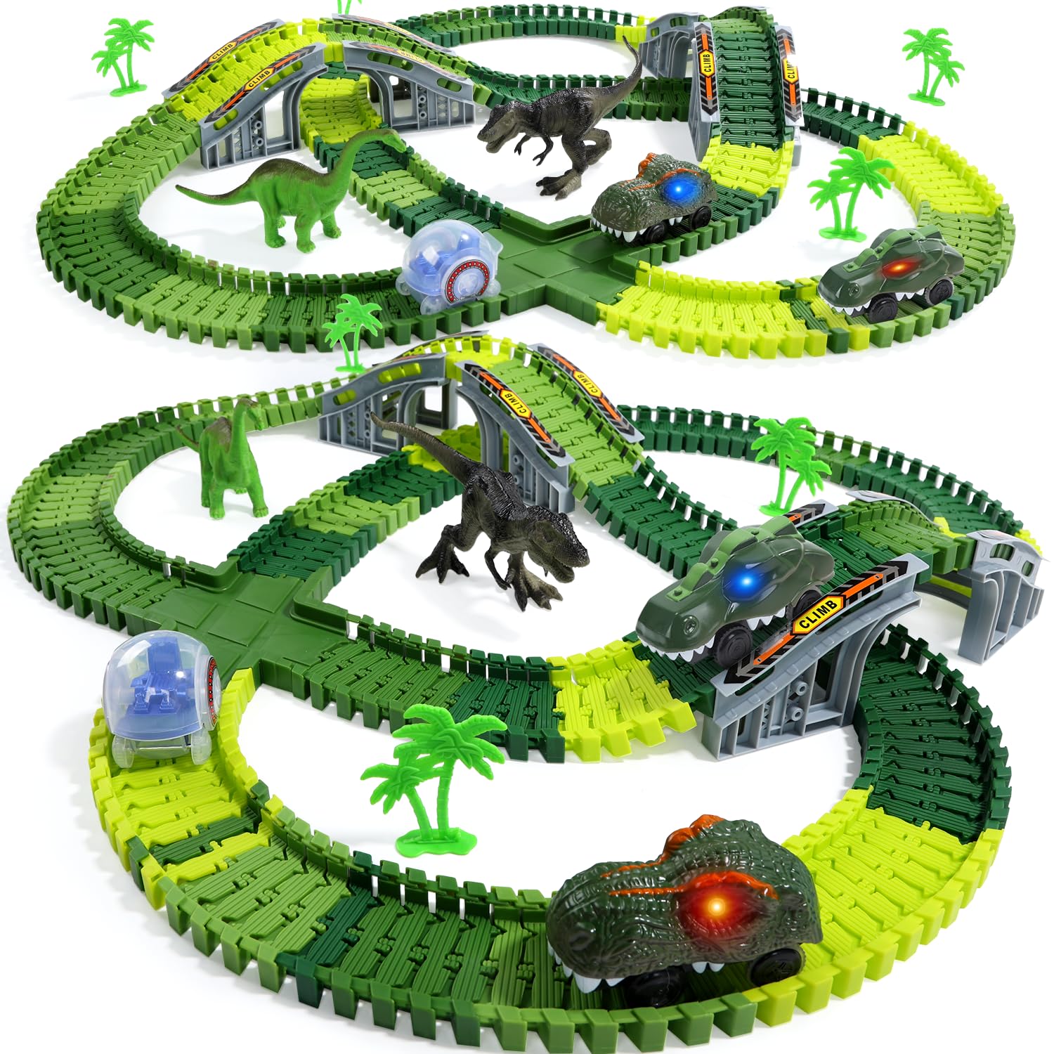 EagleStone Dinosaur Race Track Toy Set for Kids, 233PCS Flexible Track with 2 Light-Up Electric Dino Cars & 2 Dinosaur Figures, Birthday for Boys and Girls Ages 3–8