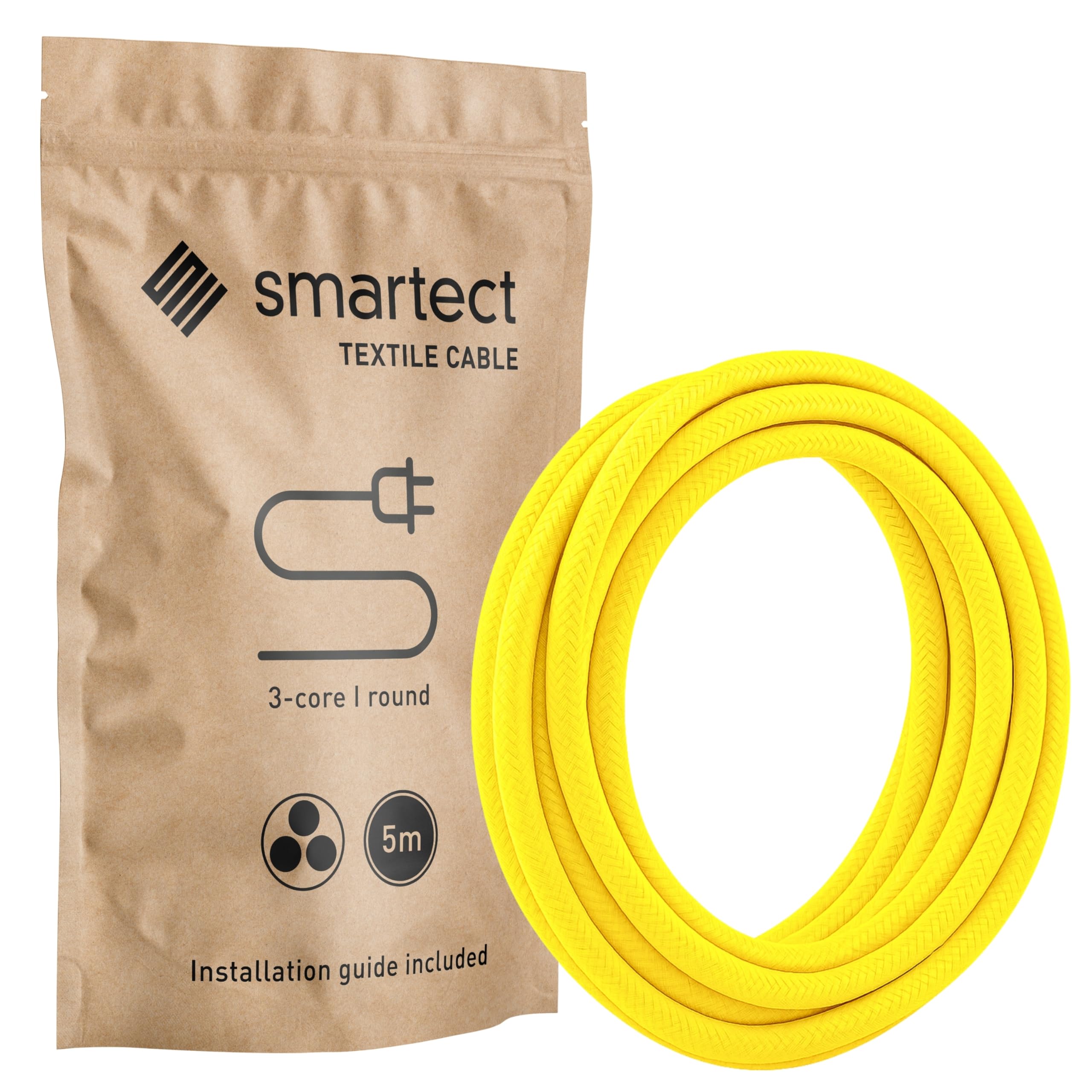 smartect Braided Cable, Yellow, 5 Metres 3 Core Electrical Cable (3 x 0.75mm²) Vintage Fabric Electrical Wire for your DIY project