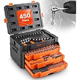VEVOR Mechanics Tool Set and Socket Set, 450 PCS, 1/4" 3/8" 1/2" Drive | Deep and Standard Sockets, SAE Metric Mechanic Tool Kit with Bits, Wrenches, Accessories, Storage Case with Orange Drawer