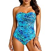 Yonique Womens Strapless One Piece Swimsuit Tummy Control Bandeau Bathing Suits Slimming Twist Front Swimwear