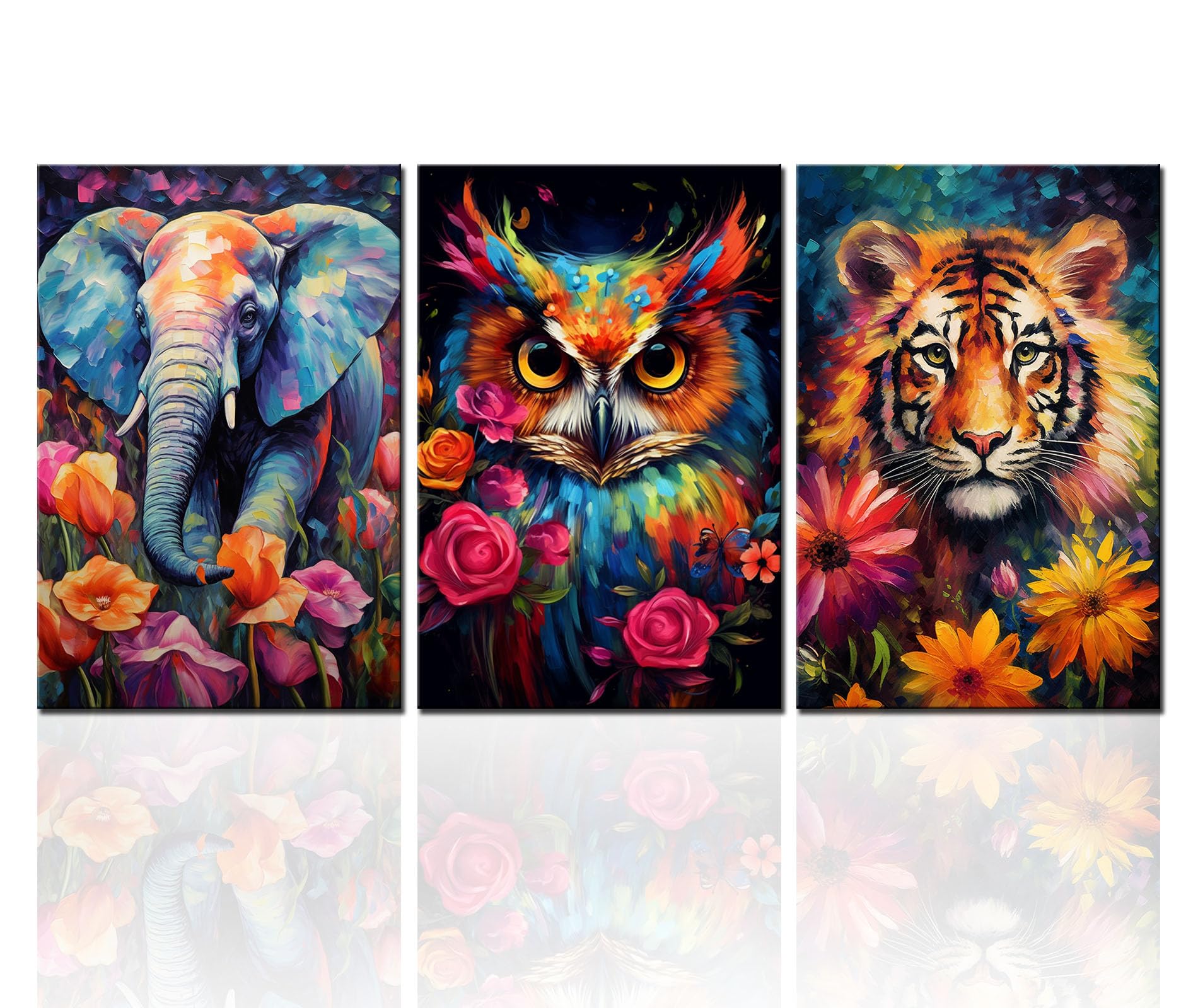 Tucocoo Art Work for Home Walls Elephant Owl Tiger Portrait Pictures Abstract Animals Paintings 3 Panel Canvas Flowers Art Modern Artwork Home Decor for Living Room Framed Ready to Hang 48''Wx24''H