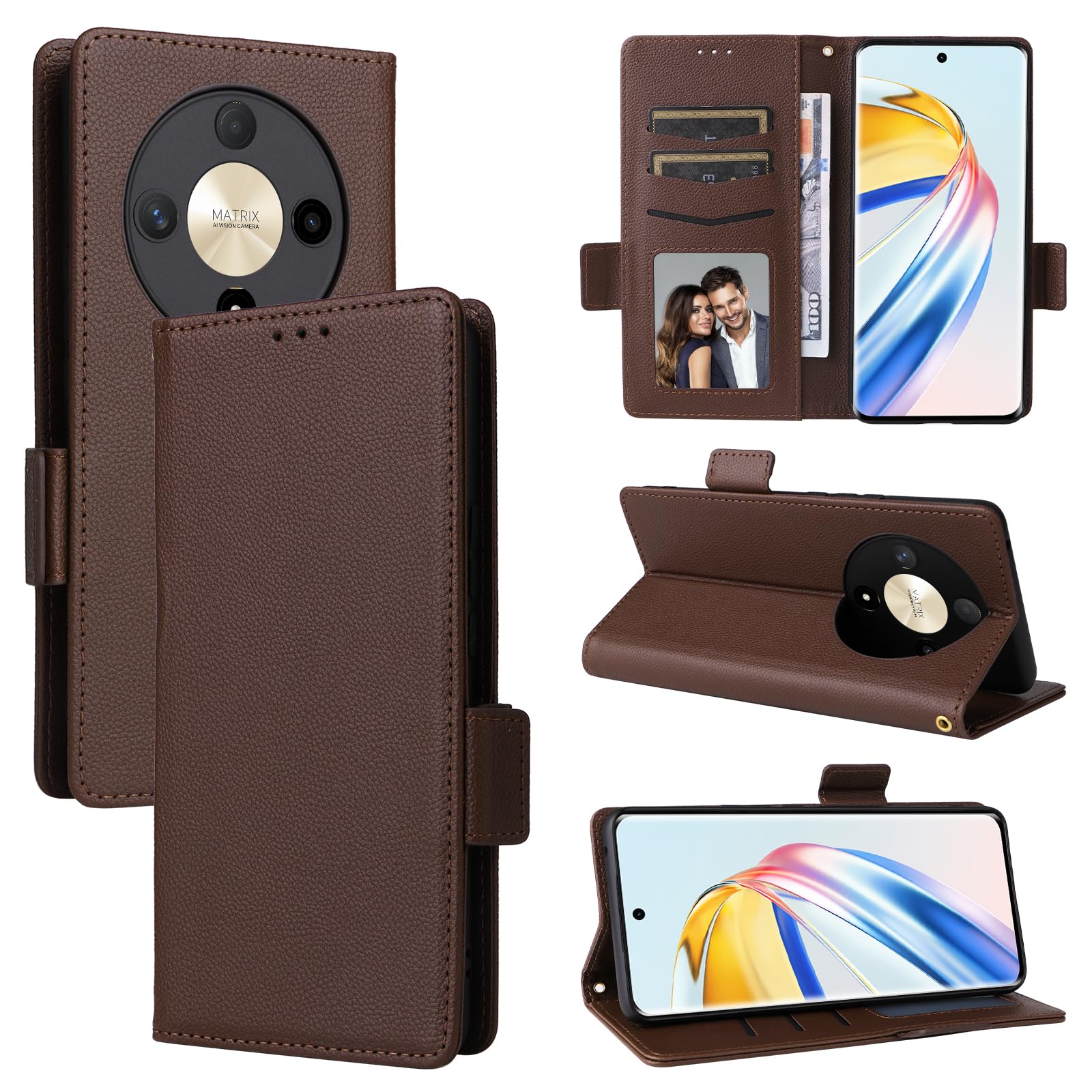 BELLA BEAR Honor Magic 6 Lite 5G Phone Case, Magnetic Flip Leather Wallet Case, Kickstand Case, Shockproof Protective Case for Honor Magic 6 Lite 5G-Brown