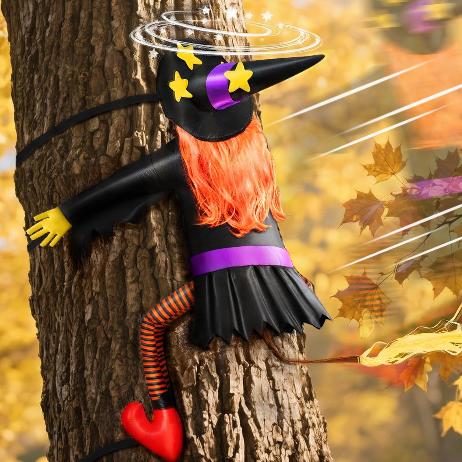 Photo 1 of Halloween Decorations Outdoor Crashing Witch - 59'' Large Crashing Witch Hanging into Tree, Outdoor Halloween Decor, Yard Decor for Tree Porch Garden, Holiday Party Decorations Indoor Outdoors, Props