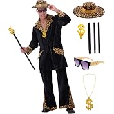 Men&rsquo;s 70s Disco Boss Costume, Retro Party Outfit With Jacket, Hat, Cane Set | 6-Piece Set Includes Jacket, Pants, Hat, Sunglasses, Gold Dollar Chain And Cane For 70s Parties, Halloween And Disco Nights