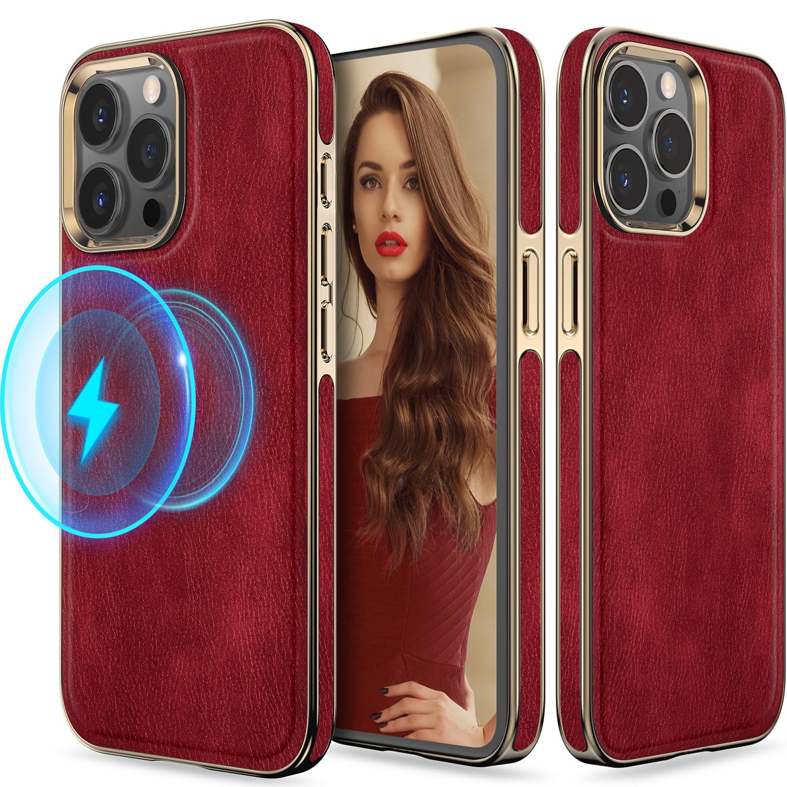 LOHASIC for iPhone 15 Pro Max Case, Leather [Compatible with MagSafe] Luxury Vintage Soft Grip with Microfiber Lining Anti-Scratch Lovely Cute Magnetic Cases for Girls Women New - Red