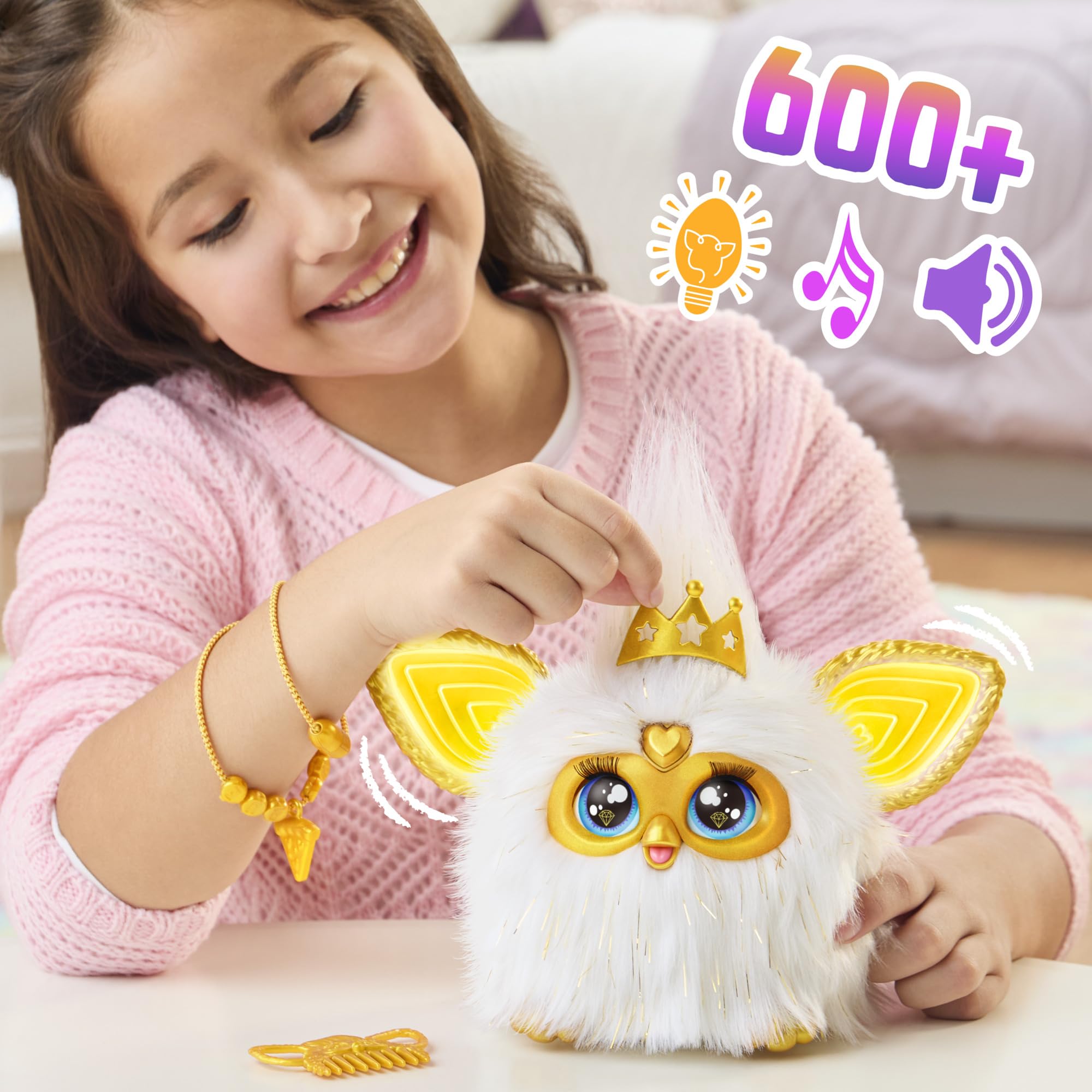 Furby Gold Glam Interactive Plush Toys for 6 Year Old Girls & Boys & Up, Voice Activated Animatronic, Speaks English & Furbish, White, Christmas Stocking Stuffers (Amazon Exclusive)