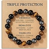 HGDEER Triple Protection Bracelet for Men & Teens - Bring Protection Luck And Prosperity - 100% Natural Obsidian, Hematite & Tiger Eye Beaded Bracelet - with Quote Card