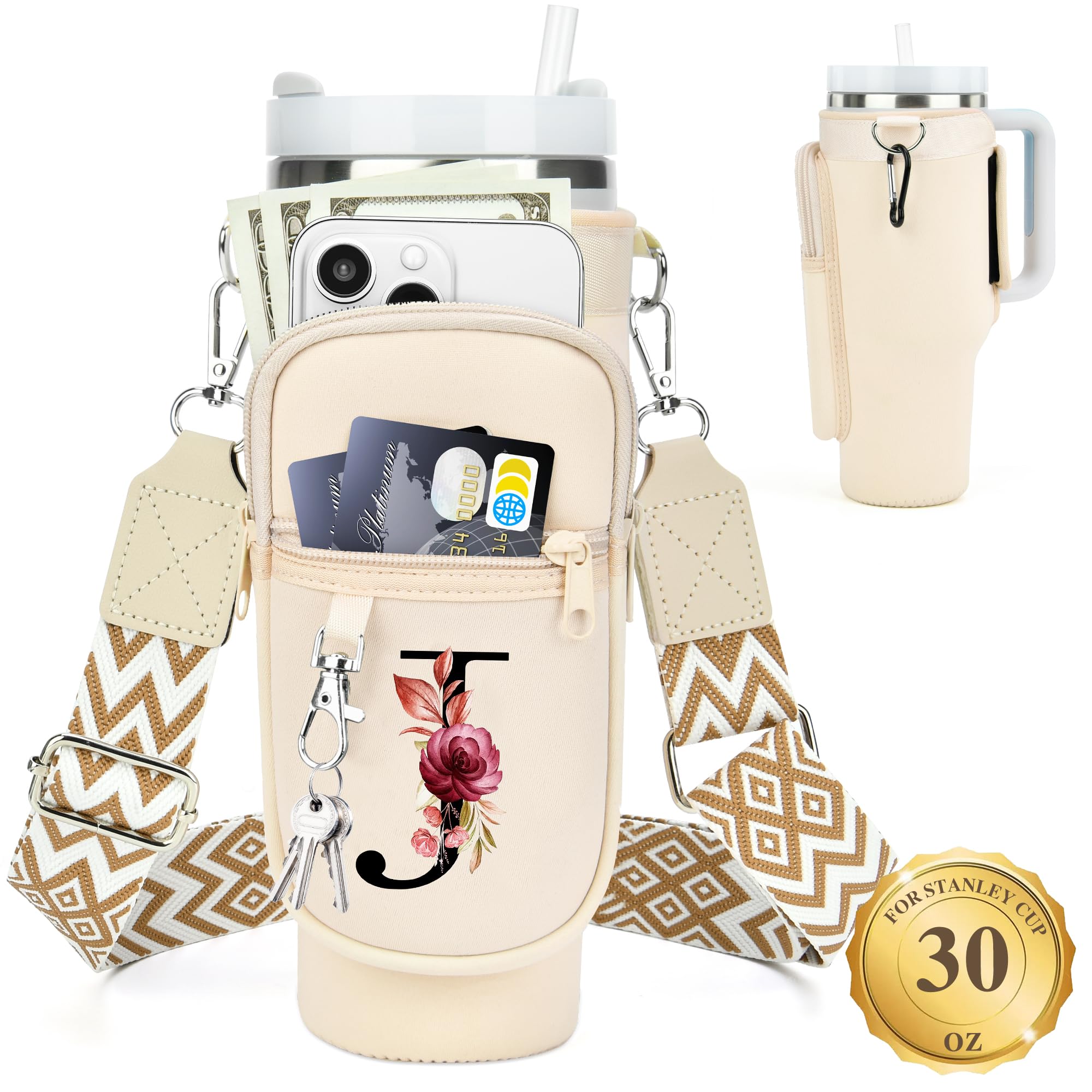 Photo 1 of LOKASS Water Bottle Holder with Strap for Stanley Cup 30 oz Tumbler with Handle, Personalized Initial Gift, Water Bottle Carrier Bag with Phone Pocket & Carabiner for Stanley Cup Accessories