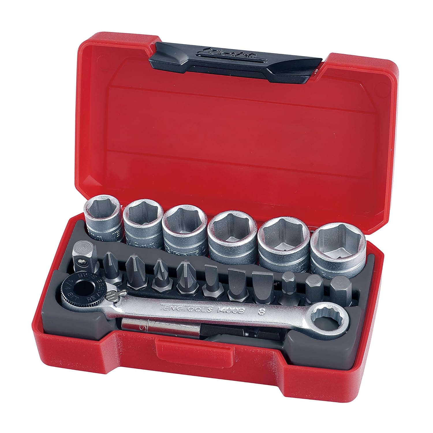 Teng Tools - 19pc Mini Socket & Bit Set - 1/4 Drive (8mm-13mm Sockets), Red
