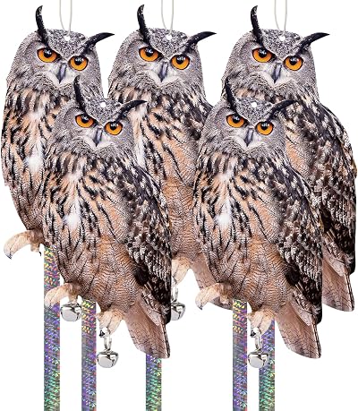 Lifreer Fake Owl Decoy 5Pcs Reflective Bird Deterrent Outdoor Hanging Device
