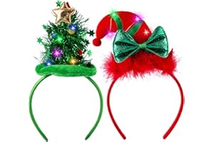 JOYIN 2 PCS Christmas LED Headband, Tree and Elf Hat Designs Headband with LED Lights for Christmas Party Decoration