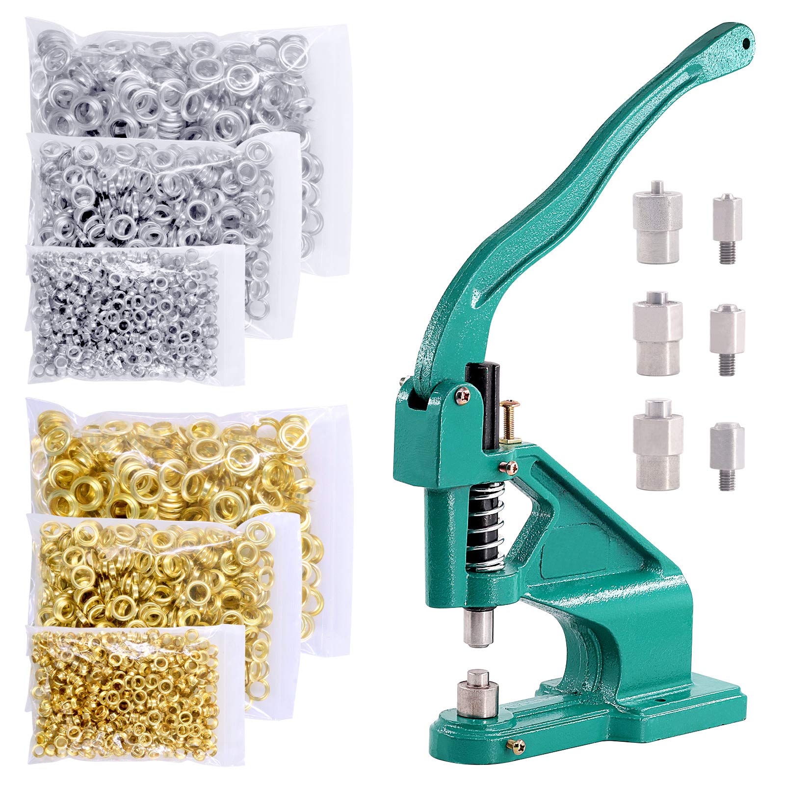 Swpeet Heavy Duty Hand Press Eyelet Grommet Machine Punch Kit, Including 3 Dies (#0#2#4) and 3000Pcs 3 Sizes Sliver/Gold Grommets & Rolling Base Tool Kit for Eyelet Hole Tool