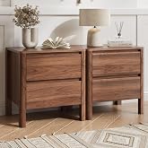 MAISONARIA Walnut Nightstands Set of 2, Mid Century Modern Bedside Table with Hidden Handles and Wood Legs, Wooden End Table with 2 Drawers for Bedroom