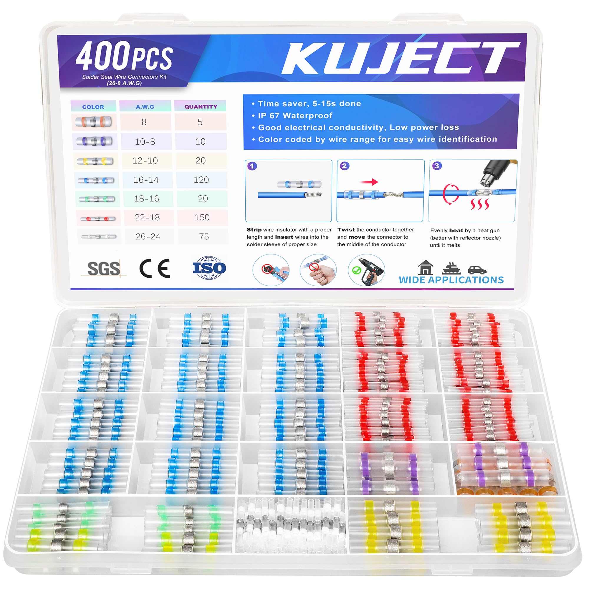 Kuject 400PCS Solder Seal Wire Connectors, 26-8 AWG Self-Solder Heat Shrink Butt Connector Solder Sleeve Waterproof Insulated Electrical Butt Splice Wire Terminals for Automotive Boat Truck