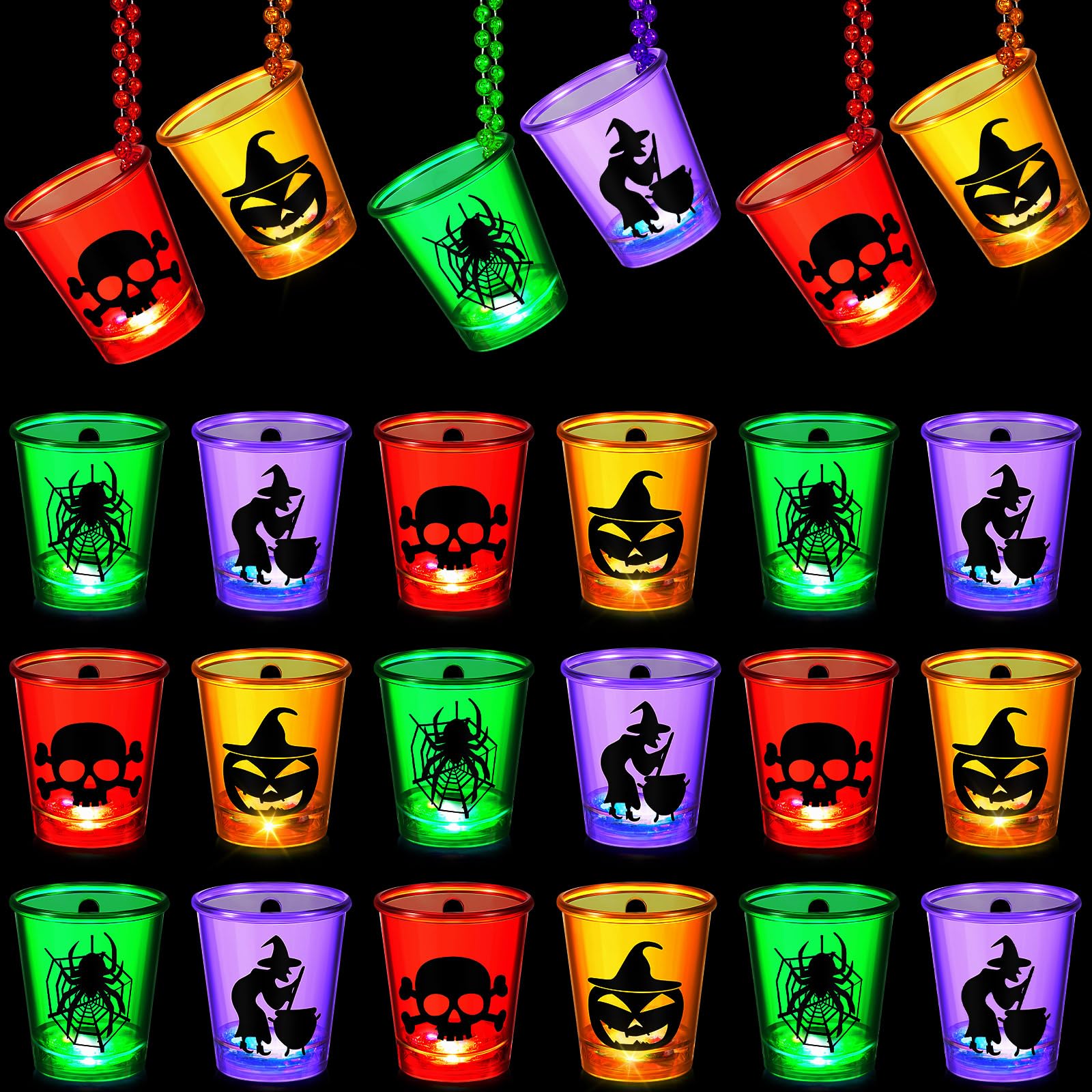 Photo 1 of Henoyso 24 Pcs Halloween Shot Glass on Beaded Necklace Skull Plastic Shot Glasses Ghost Cups Assorted Glass Necklaces Bulk for Halloween Party Favors Decorations Supplies (Stylish Style)