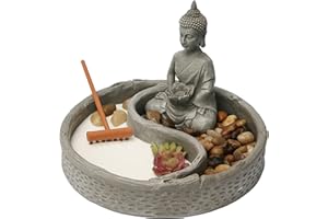 Nature's Mark Mini Zen Garden Kit for Desk with Lotus, Buddha Figures, Rake and Natural Sand River Rocks Table/Desk Décor Gift Set for Home and Office 6 x 6 Inches Round Base
