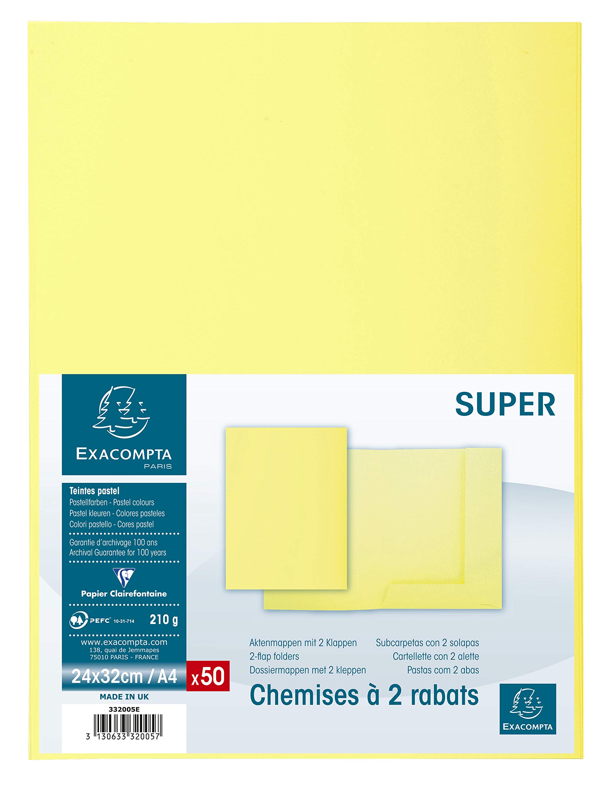 Exacompta - Ref 332005E - Super 210 2-Flap Folders - 240 x 320mm in Size, Suitable for Holding A4 Documents, 210gsm Card, 2 Internal Flaps - Canary Yellow (Pack of 50)
