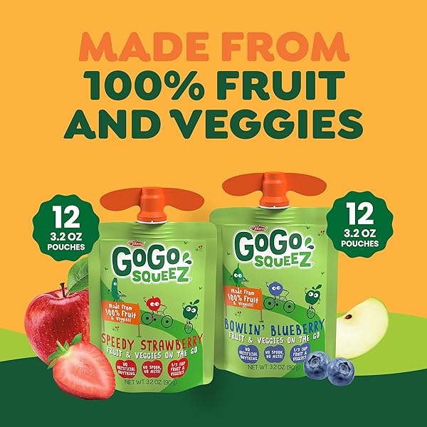 GOGO SQUEEZ NO SUGAR ADDED FRUIT & VEGGIEZ APPLESAUCE AND PUREE VARIETY PACK, SPEEDY STRAWBERRY AND BOWLIN’ BLUEBERRY, 3.2 OZ POUCHES (PACK OF 24), FRUIT SNACKS FOR KIDS, GLUTEN FREE, NUT FREE, RECLOSEABLE CAP, BPA FREE