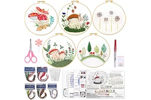 ECJWEI Embroidery Kit for Beginners, 5 Sets Embroidery Kit with Embroidery Patterns, Mushroom Cross Stitch Kits Includes Embroidery Thread Embroidery Hoop Embroidery Needles