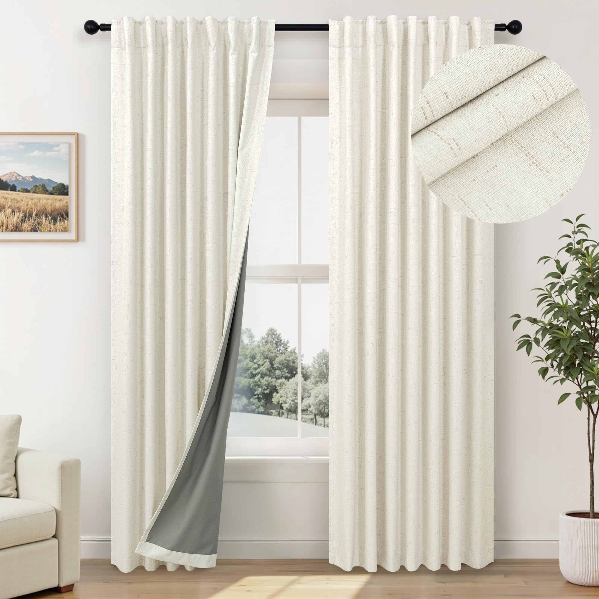 Photo 1 of Neutral 80 Inch Nursery Blackout Curtains for Bedroom 80 Inches Long 2 Panel Thermal Curtain for Summer Heat Blocking Linen Textured Custom Made Drapes Pleated Back Tab Rustic Ceiling to Floor Length