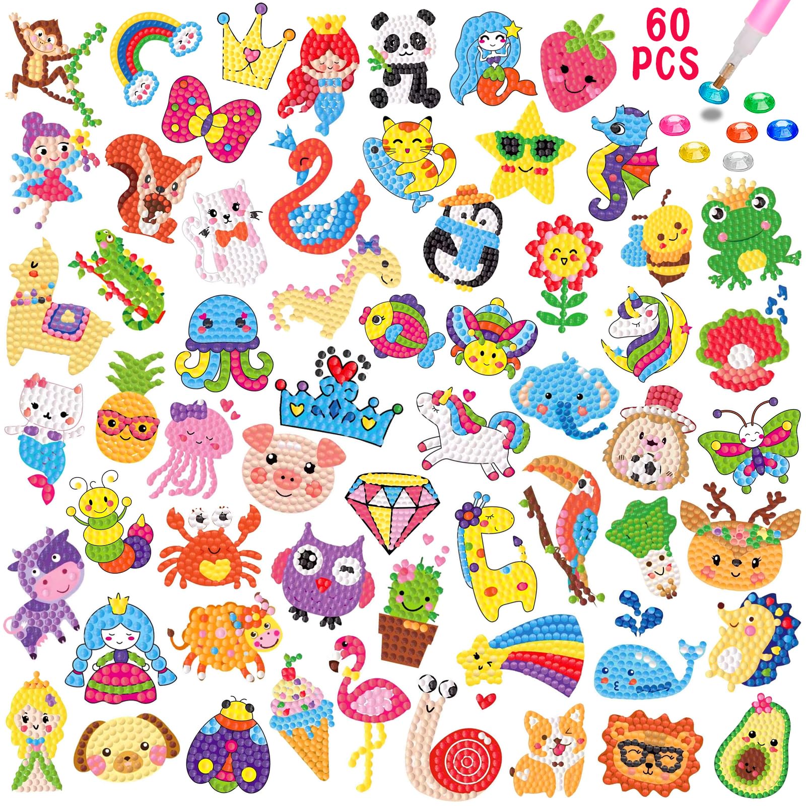CAYUDEN Diamond Painting Stickers, 60 pcs Gem Art Sticker DIY Sticker Kit 5D Animals Diamond Dots Painting Mosaic Stickers Gem Arts and Crafts Kit Adults Gift