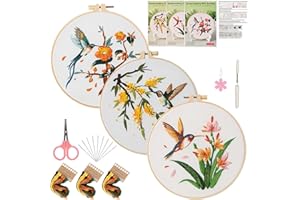 MEIYUETAOSI Embroidery Kit for Beginners Adults, 3 Pack Hummingbird Patterns Cross Stitch Craft Kit with Hoop, Needles, Threa
