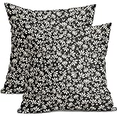 Kawani Vintage Floral Pillow Covers 18x18 Set of 2 Black and Cream Rustic Flower Block Print Outdoor Decorative Throw Pillows Farmhouse Pillowcases for Couch Home Decor