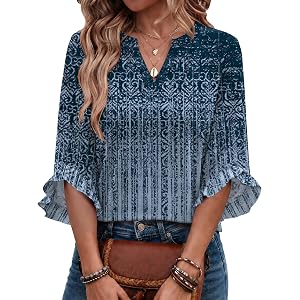 Micoson Womens 3/4 Ruffle Sleeve Tops Casual V Neck Shirts | Soft Breathable Fabric,Business Work Top,Trendy Outfits,Floral &