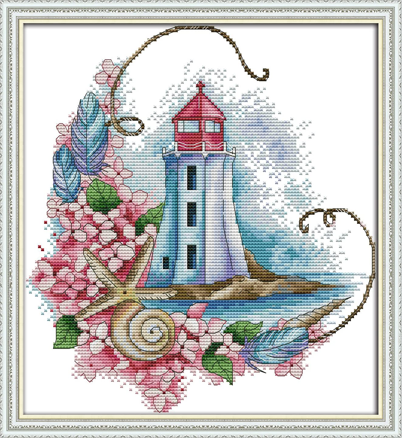 OWN4B Cross Stitch Kits Stamped, Starfish Lighthouse Printed Pattern 11CT 14.2x15.4 inch DIY Embroidery Kit