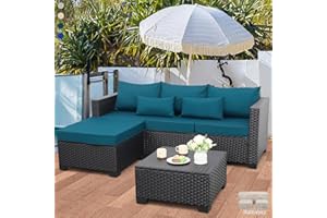 Rattaner Wicker Patio Furniture Set - 3 Piece Outdoor Sectional Couch with Storage Coffee Table, All-Weather Non-Slip Cushions & Waterproof Covers, Peacock Blue