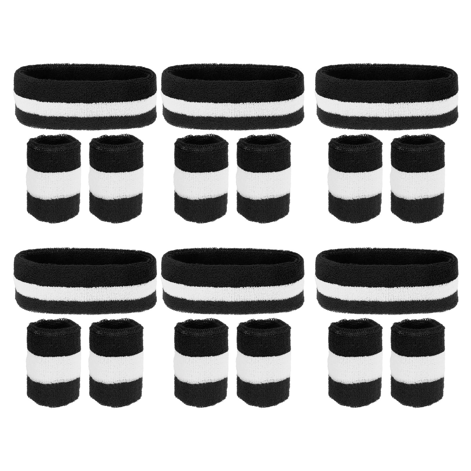 PATIKIL Sweatbands Headband Wristband, 6 Set/18Pcs Sweatband Terry Cloth for Sports Basketball Tennis Athletic Gym Working Out, Black, White