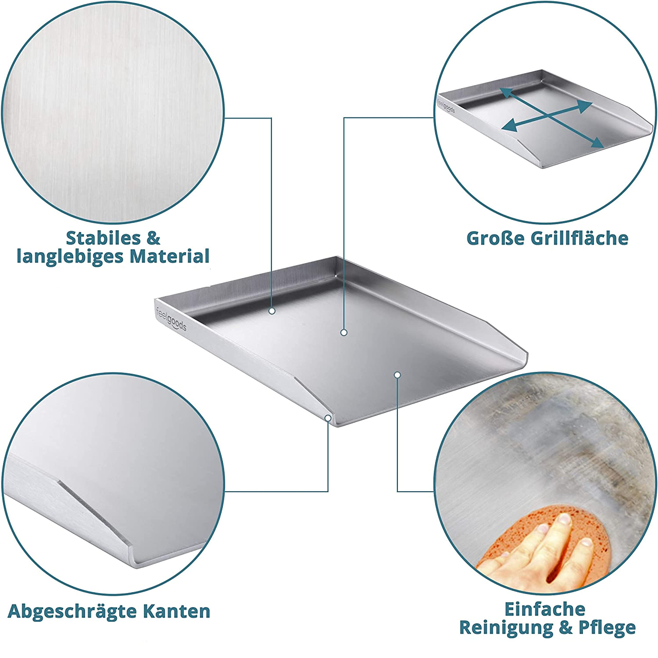 Smartpeas Edelstahl Grillplatte - 30x40 cm Universal Plancha für Kohle- und Gasgrills - Grillplatte für Gleichmäßige Hitzeverteilung - Grillschale für Burger, Spiegelei mit Inbegriffen Grillspachtel 2