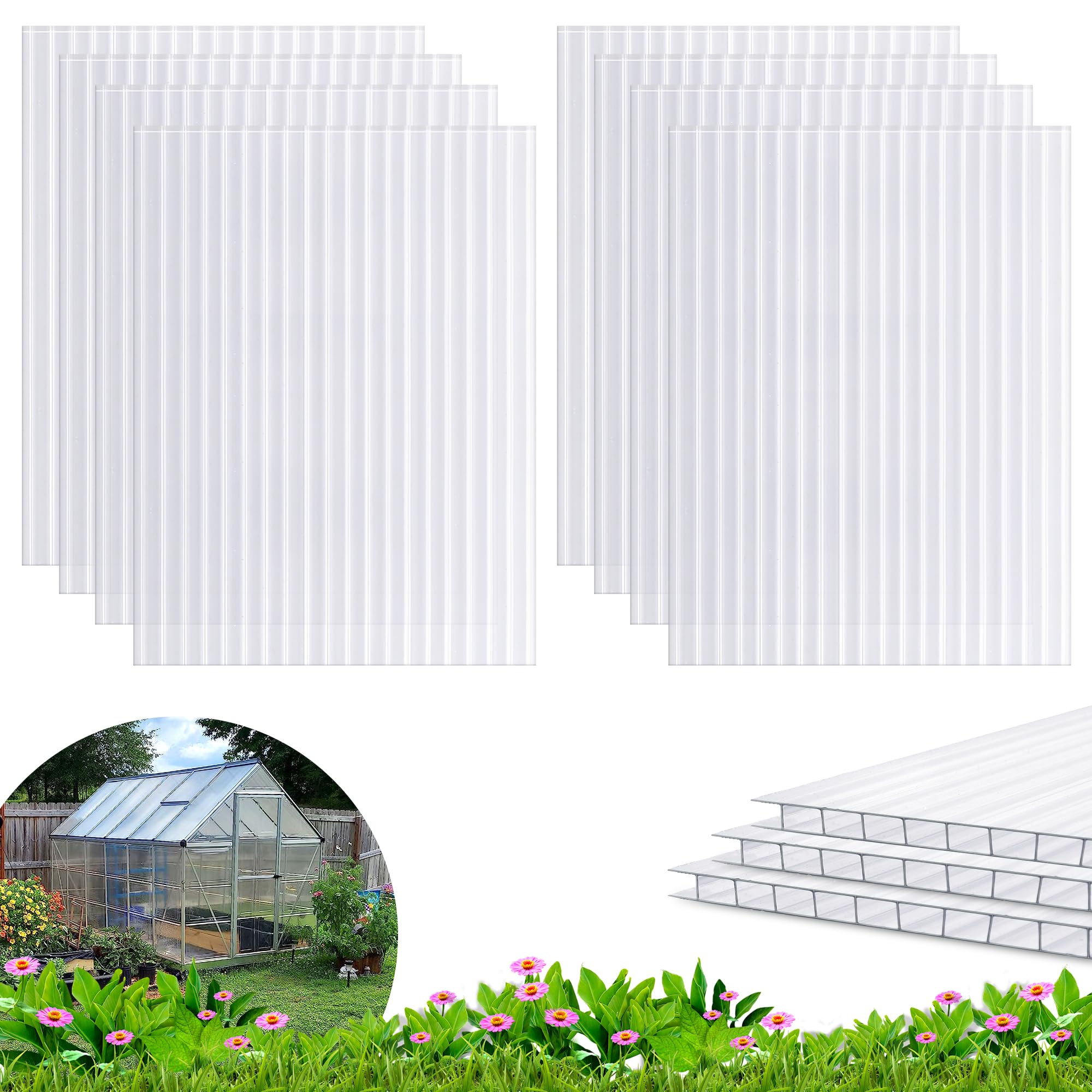 Photo 1 of Quibbay 8 Pack 8' X 6' X 0.16'' Polycarbonate Greenhouse Panels, Waterproof UV Protected Clear Polycarbonate Sheets Twin-Wall Roof Panels, Corrugated Plastic Roofing Panels for Greenhouse Replacement