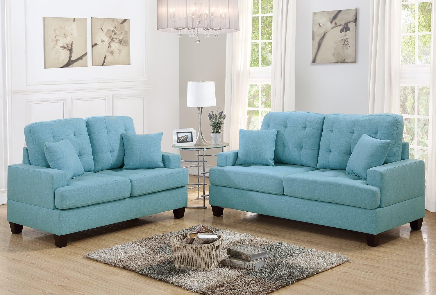 2Pcs Modern Blue Linen-Like Fabric Sofa Loveseat Set with 4 Accent Pillows