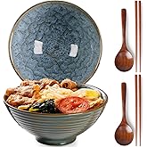 NUTRIUPS 8 Inch Ceramic Ramen Bowl Set of 2 Pho Bowls 40oz Japanese Noodle Udon Soup Bowls with Spoons and Chopsticks (Blue Peacock)
