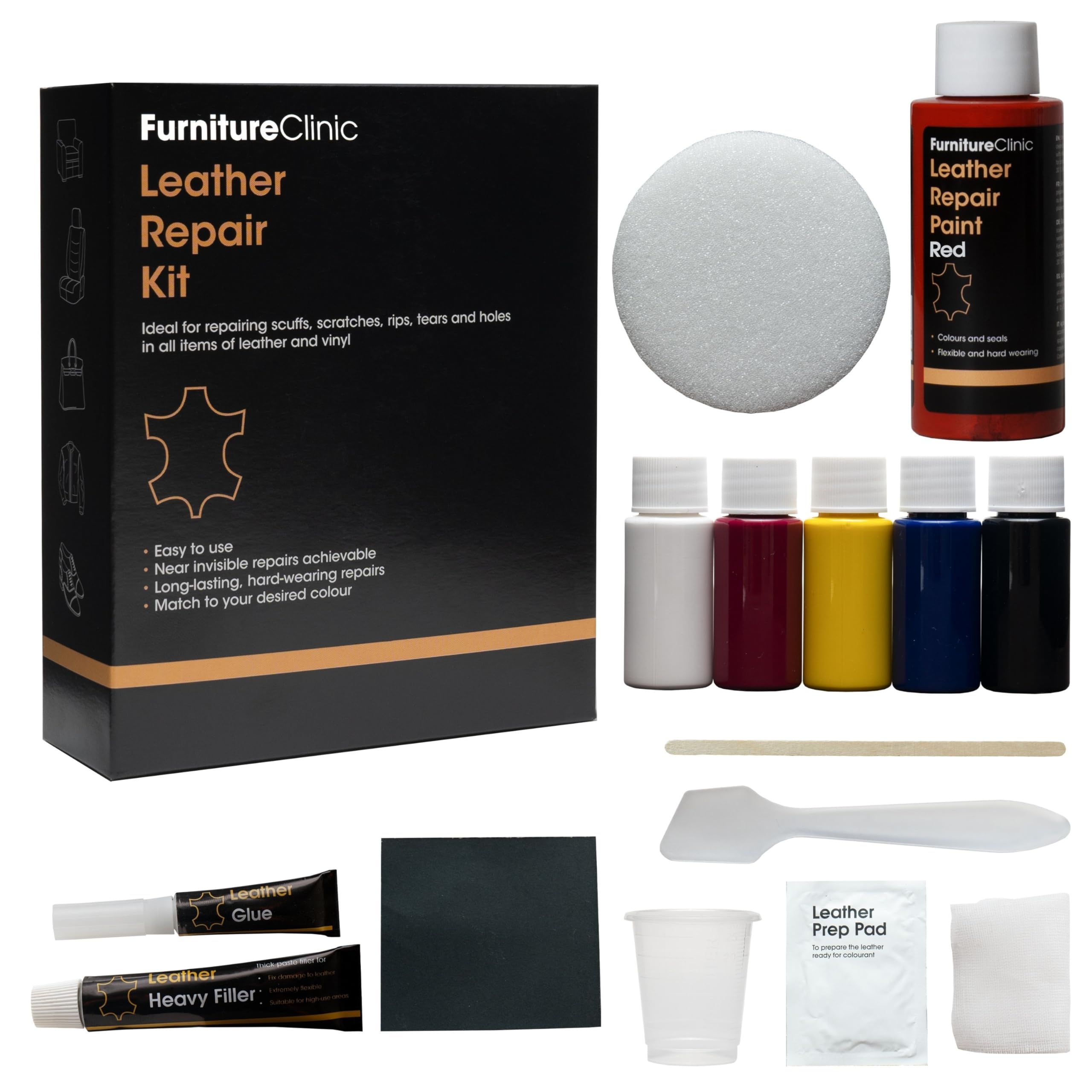 Furniture Clinic Complete Leather Repair Kit (Red) -12 Colour Options for Sofas, Car Seats - Matches All Shades of Leather - Patch, Fill & Touch up Scratches, tears and Other Damaged Areas