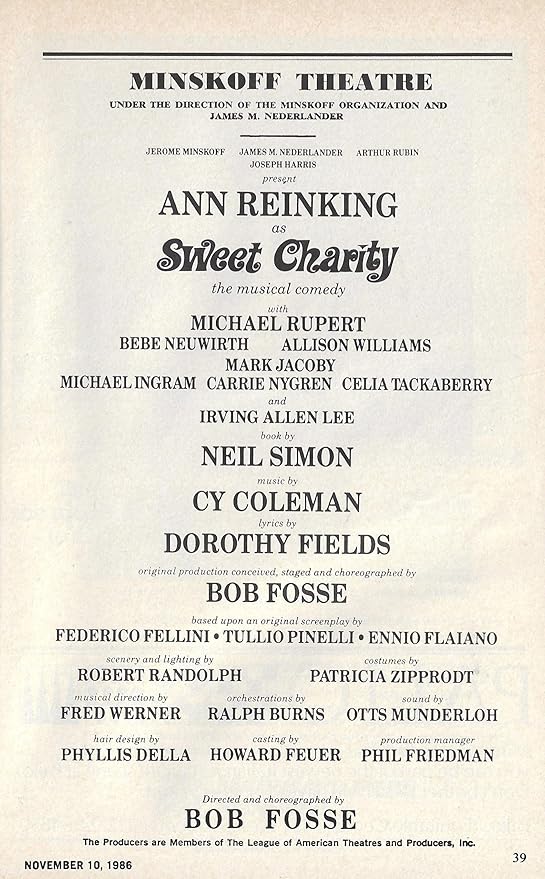 Ann Reinking Sweet Charity Bebe Neuwirth Michael Rupert Cy Coleman Bob Fosse 1986 Broadway Playbill At Amazon S Entertainment Collectibles Store
