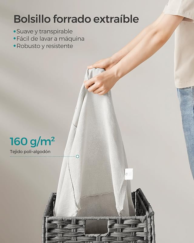 Cesto de Ropa Sucia, Cesta de Ratán Sintético 105 L con Tapa y Asas, Mimbre, Plegable, Forros Extraíbles, para Mantas, Ropa, Dormitorio, Baño, Lavandería, Gris Paloma RST066G01