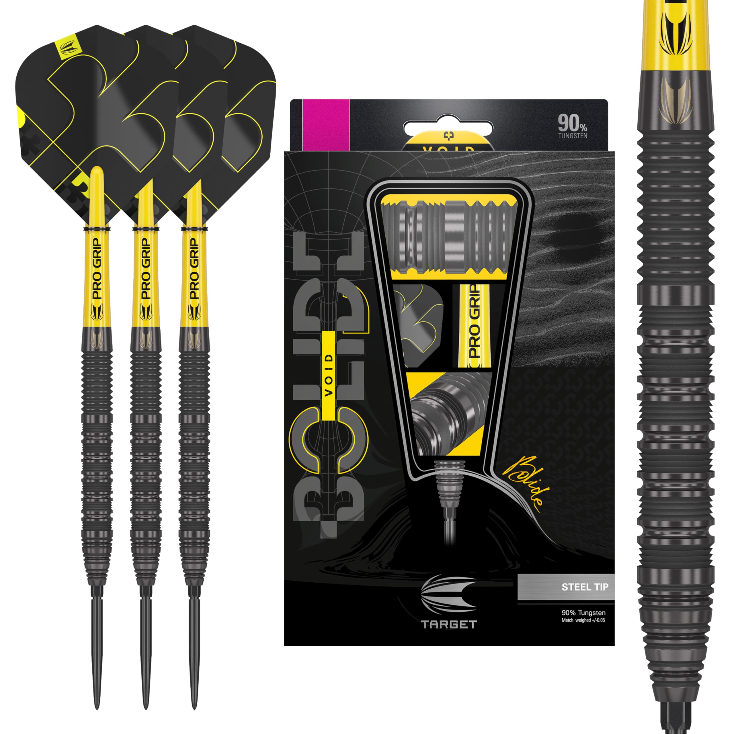 Target Darts Bolide Void 90% Tungsten Dart Set, Steel Tip Swiss Point Darts | Barrel 01, 25G | Professional Darts Sets, Black Darts, Swiss Point Tool Included