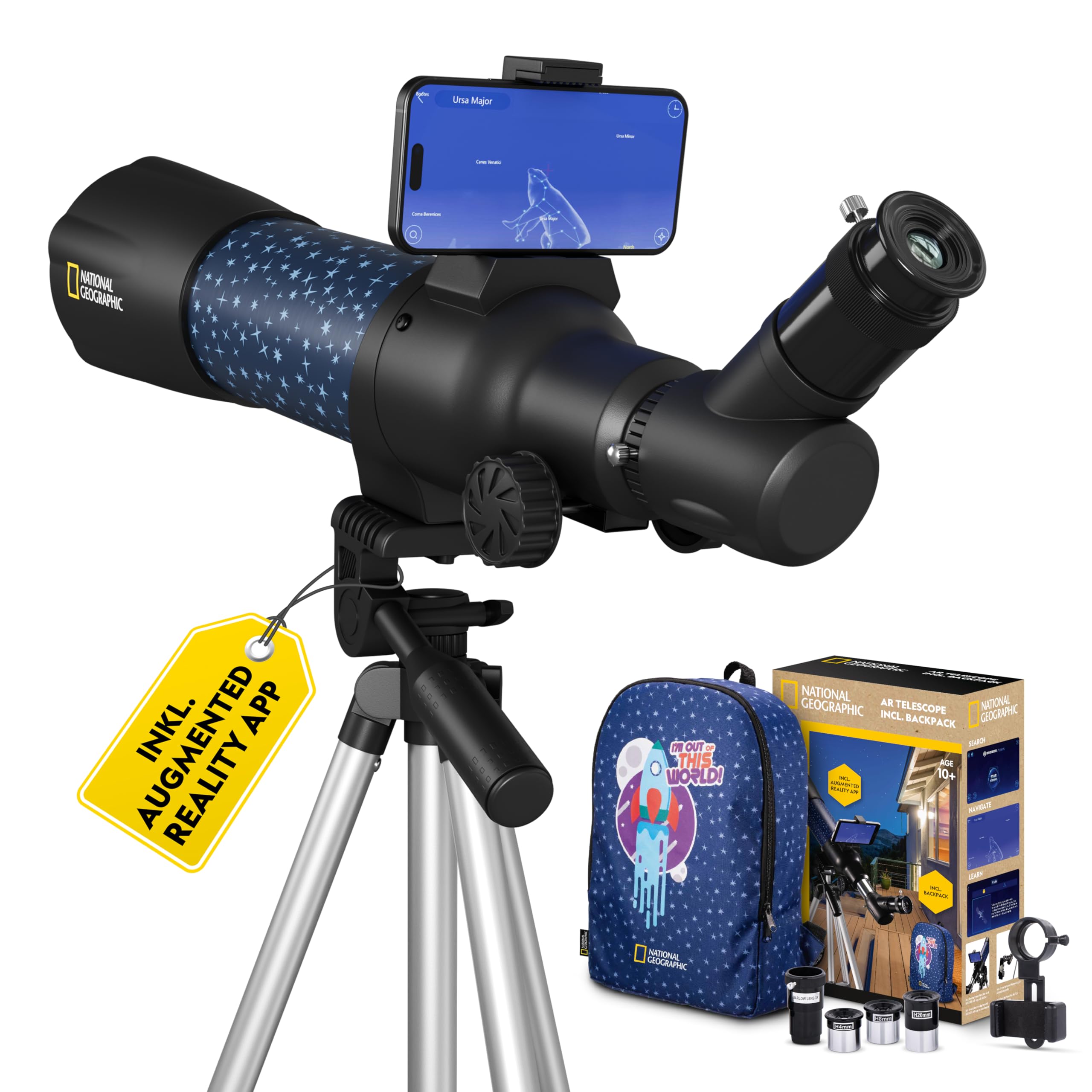 National Geographic smartes AR Kinderteleskop mit Stativ, Rucksack, Smartphonehalterung und Augmented-Reality-App