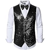 ZEROYAA Men's Sequin Vest Slim Fit 70s Shiny Waistcoat Bowtie Set Disco Prom Party Tuxedo